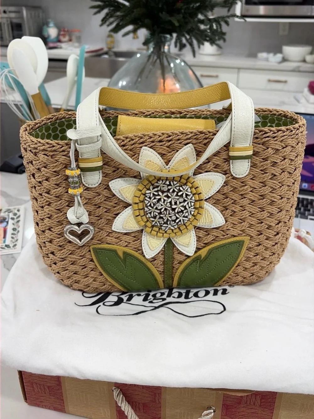 Brighton Straw Tote with Yellow Sunflower and White Handles - Picture 1 of 4
